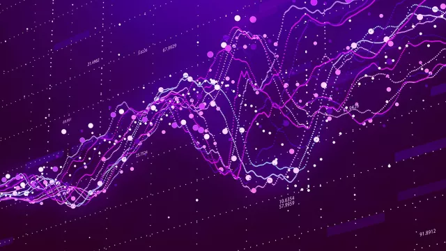 A complex data visualization with multiple overlapping line graphs in various shades of purple and pink on a dark purple background.