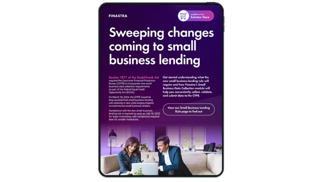 Image of tablet with cover slide of "1071: Sweeping changes coming to small business lending" infographic