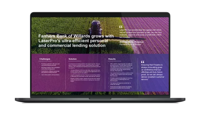 Image of laptop with cover slide of "Farmers Bank of Willards grows with LaserPro" infographic