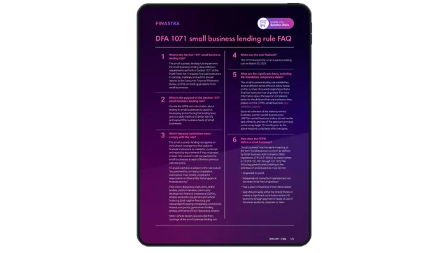 Image of tablet with cover slide of "Frequently asked questions about the DFA 1071 small business lending rule" brochure