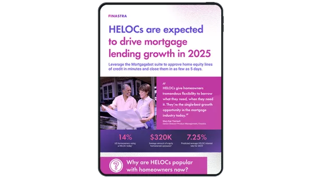 Image of tablet with cover slide of "Finastra flexibly supports Home Equity Lines of Credit (HELOCs)" infographic