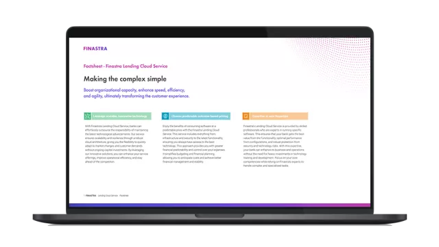 Image of laptop with cover slide for the Finastra Lending Cloud Service factsheet