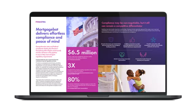 Image of laptop with cover slide for the "Finastra Mortgagebot compliance capabilities" infographic