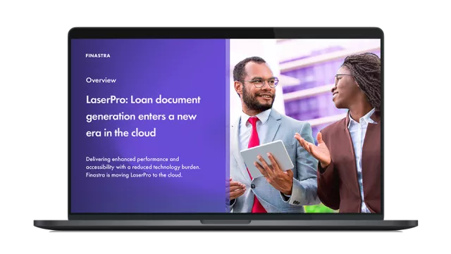 Image of laptop with cover slide for "LaserPro: Loan document generation enters a new era in the cloud" brochure
