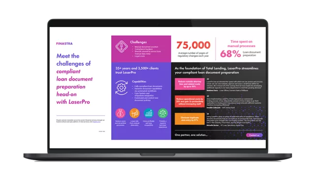 Image of laptop with cover slide for "LaserPro - Meet the challenges of compliant loan documentation" infographic