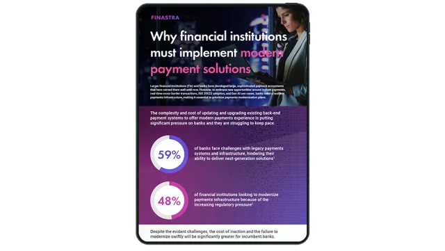 Image of tablet with cover slide of "Why financial institutions must implement modern payment solutions" infographic