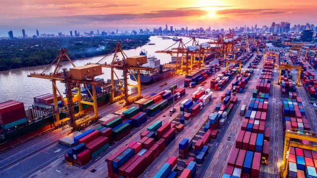 Image of bird's eye view of cargos in a port