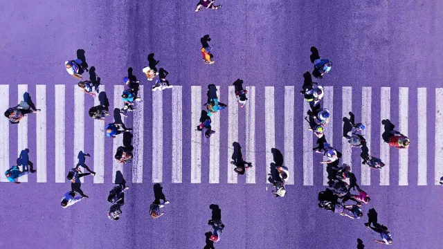 Aerial view of crosswalk with people walking on purple ground.