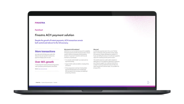 Image of laptop with cover slide for the "ACH payments in the US continue to grow: How will mid-market organizations respond?" factsheet