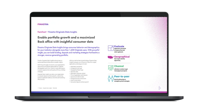 Image of laptop with cover slide of "Finastra Originate Data Insights" factsheet