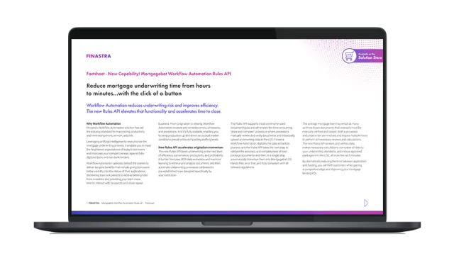 Image of laptop with cover slide of "Mortgagebot Workflow Automation Rules API" factsheet