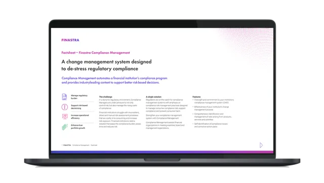 Image of laptop with cover slide for "Finastra Compliance Management" factsheet