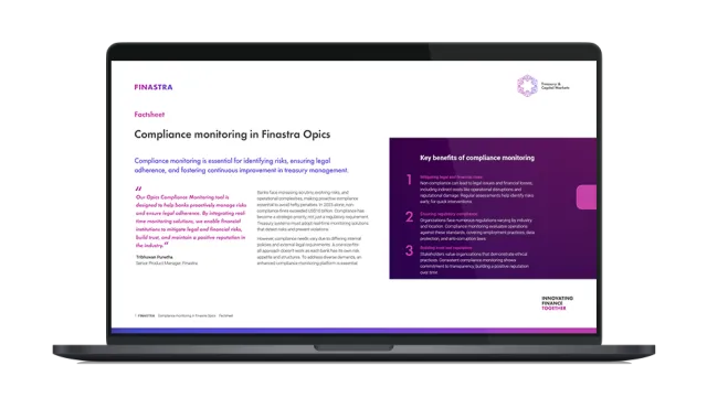 Image of laptop with cover slide of "Compliance monitoring in Finastra Opics" factsheet