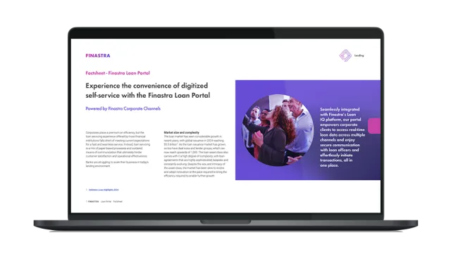 Image of laptop with cover slide of "Finastra Loan Portal" brochure