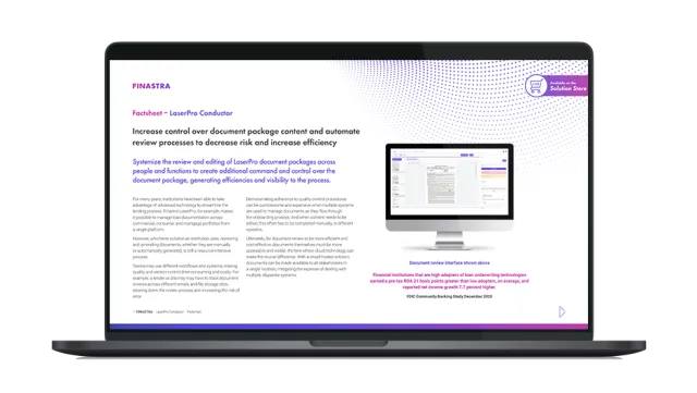 Image of laptop with cover slide for the "LaserPro Conductor loan document management solution" factsheet