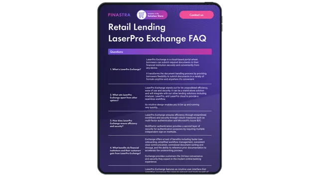 Image of tablet with cover slide for the "LaserPro Exchange Frequently Asked Questions (FAQs)" brochure