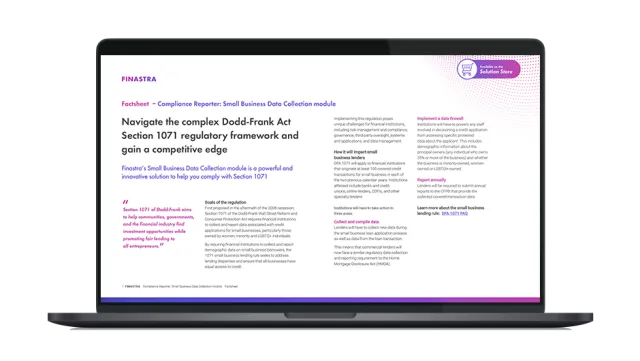 Image of laptop with cover slide for the "Finastra DFA 1071 Factsheet" brochure