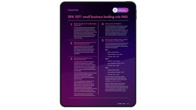 Image of tablet with cover slide of "Frequently asked questions about the DFA 1071 small business lending rule" brochure