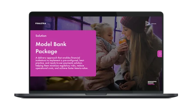 Image of laptop with cover slide of "Model Bank Package" brochure