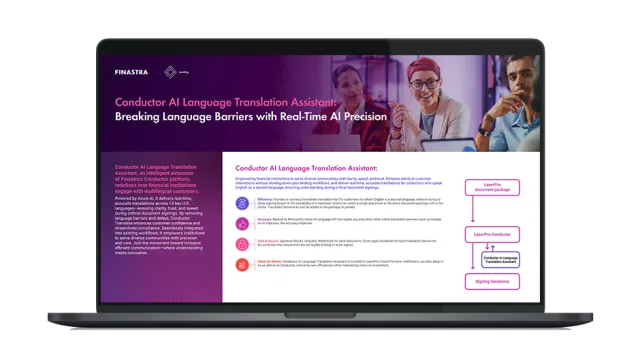 Image of laptop with cover slide of "New in LaserPro Conductor: Conductor Translate for financial institutions" infographic
