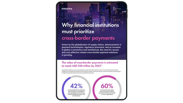 Image of tablet with cover slide of "Why financial institutions must prioritize cross-border payments" infographic