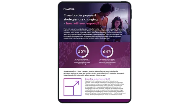 Image of tablet with cover slide of "Cross-border payment strategies are changing – how will you respond?" Infographic