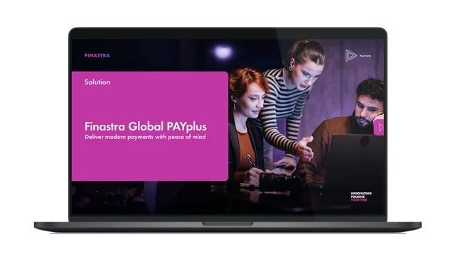 Image of laptop with cover slide for "Finastra Global PAYplus" solution overview