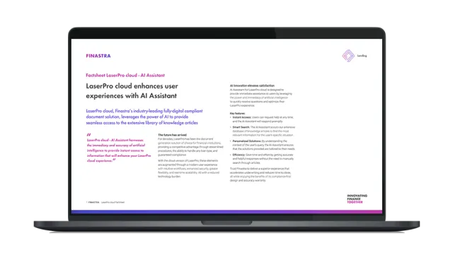 Image of laptop with cover slide of "LaserPro cloud enhances user experiences with AI Assistant" brochure