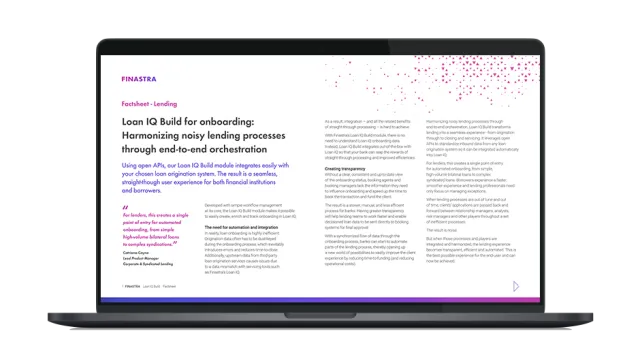 Image of laptop with cover slide for the "Loan IQ Build for onboarding: Harmonizing noisy lending processes through end-to-end orchestration" factsheet