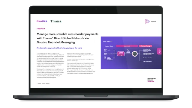 Image of laptop with cover slide for the "Manage more scalable cross-border payments with Thunes’ Direct Global Network via Finastra Financial Messaging" factsheet