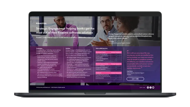 Image of laptop with cover slide for the "Strategic Engagement: helping banks get the most out of their Finastra software solutions" infographic