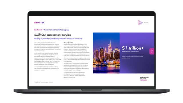 Image of laptop with cover slider for "Swift CSP Assessment Services offered by Finastra" factsheet