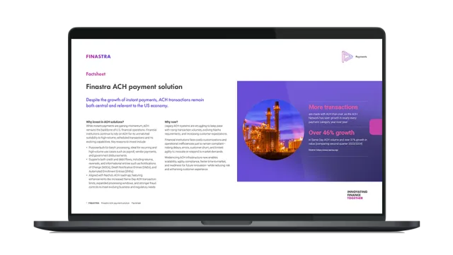 Image of laptop with cover slide for "ACH payments in the US continue to grow - how will you respond?" factsheet