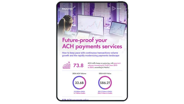 Image of tablet with cover slide for "Future-proof your ACH payments services - keep pace with growing volumes and modernization" infographic