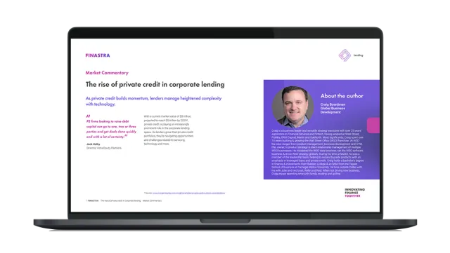 Image of laptop with cover slide of "The rise of private credit in corporate lending" report
