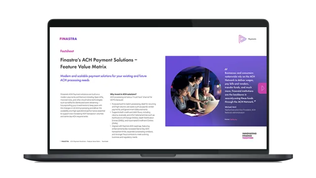 Image of laptop with cover slide of "Finastra’s ACH Payment Solutions – Feature Value Matrix (Factsheet)" brochure