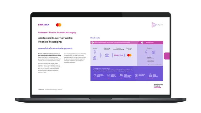 Image of laptop with cover slide of "Mastercard Move via Finastra Financial Messaging" brochure