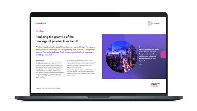 Image of laptop with cover slide for the "Realizing the promise of the new age of payments in the US" factsheet