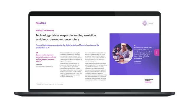 Image of laptop with cover slide of "Technology drives corporate lending evolution amid macroeconomic uncertainty" report