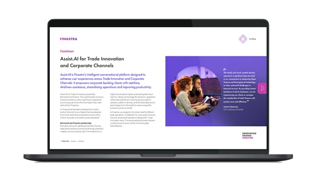 Image of laptop with cover slide for the "Assist.AI – Finastra’s conversational platform for Corporate Banking" factsheet