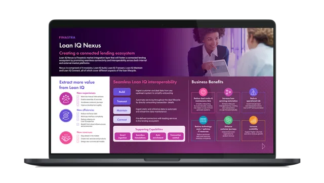 Image of laptop with cover slide for the "Loan IQ Nexus: Bringing interoperability to the loan market" infographic