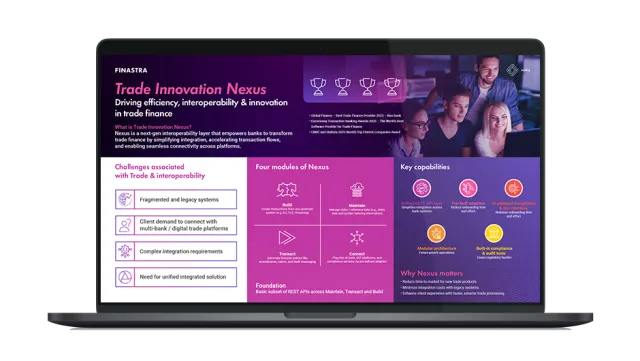 Image of laptop with cover slide of "Trade Innovation Nexus: Driving efficiency, interoperability & innovation in trade finance" infographic