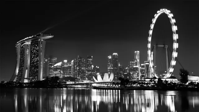 Singapore skyline at night featuring Marina Bay Sands and the illuminated Singapore Flyer.