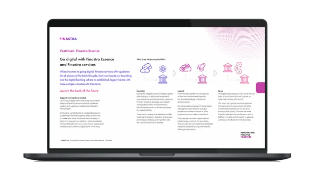 Image of laptop with cover slide for "Go digital with Finastra Essence and Finastra Services" brochure
