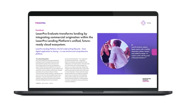 Image of laptop with cover slide of "LaserPro Evaluate: Modernize commercial Lending with cloud-native tech" brochure