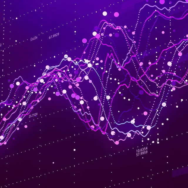 Abstract data visualization showing multiple colorful, dotted and curved lines on a purple background.