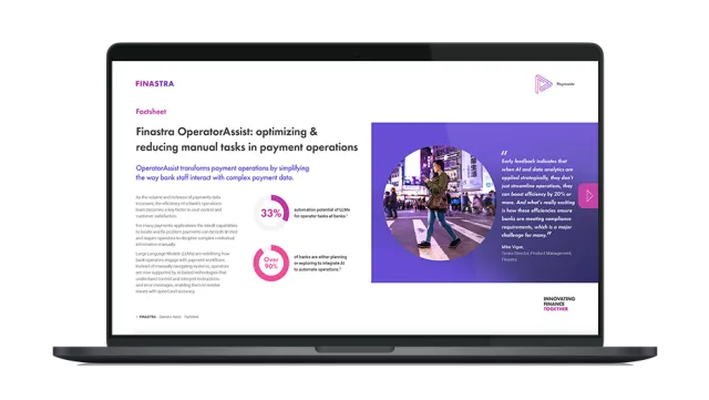 Image of laptop with cover slide of "Finastra OperatorAssist - Unlocking end‑to‑end efficiency and enhancing customer outcomes" brochure