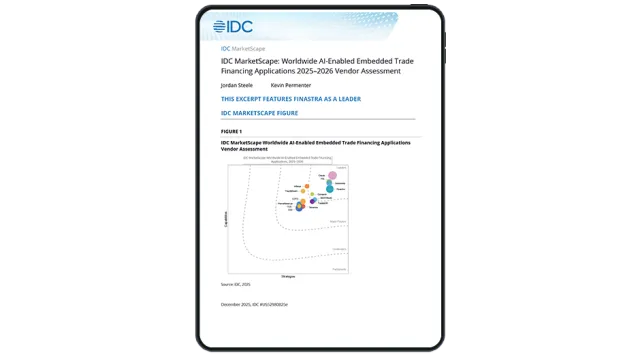 Cover image for the "IDC MarketScape: Worldwide AI-enabled trade financing applications 2025-2026 vendor assessment" report