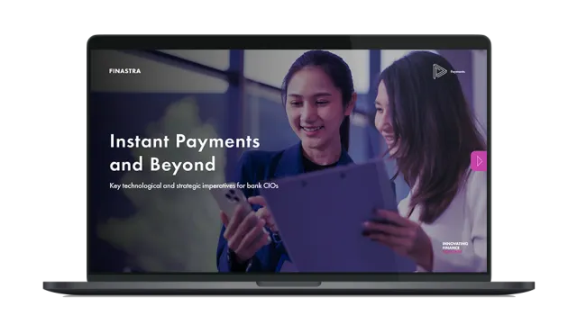 Image of laptop with cover slide of "Instant Payments and Beyond: Key technological and strategic imperatives for bank CIOs" white paper
