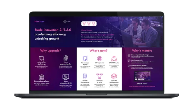 Image of laptop with cover slide for the "Transform trade finance with Trade Innovation 2.11.3.0" infographic